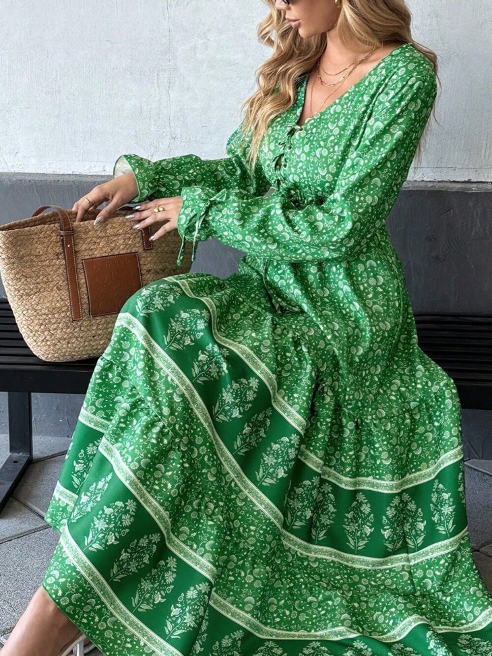 Green Boho Women's Floral Print Knot Front Flounce Sleeve Ruffle Hem Maxi Dress - Picture 3 of 5